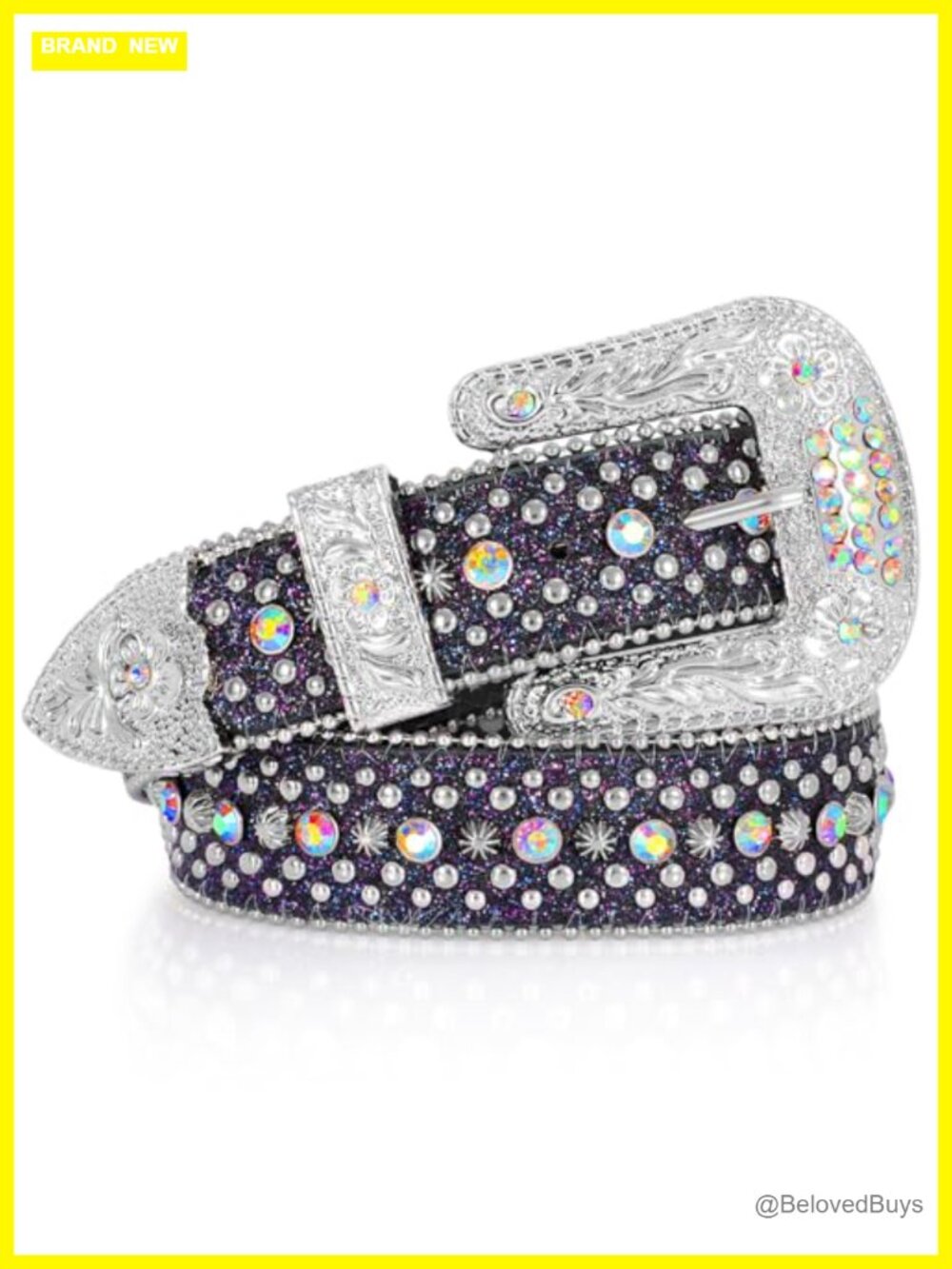 Rhinestone Studded Western Belt for Women Men, Faux Leather with Metal Buckle,